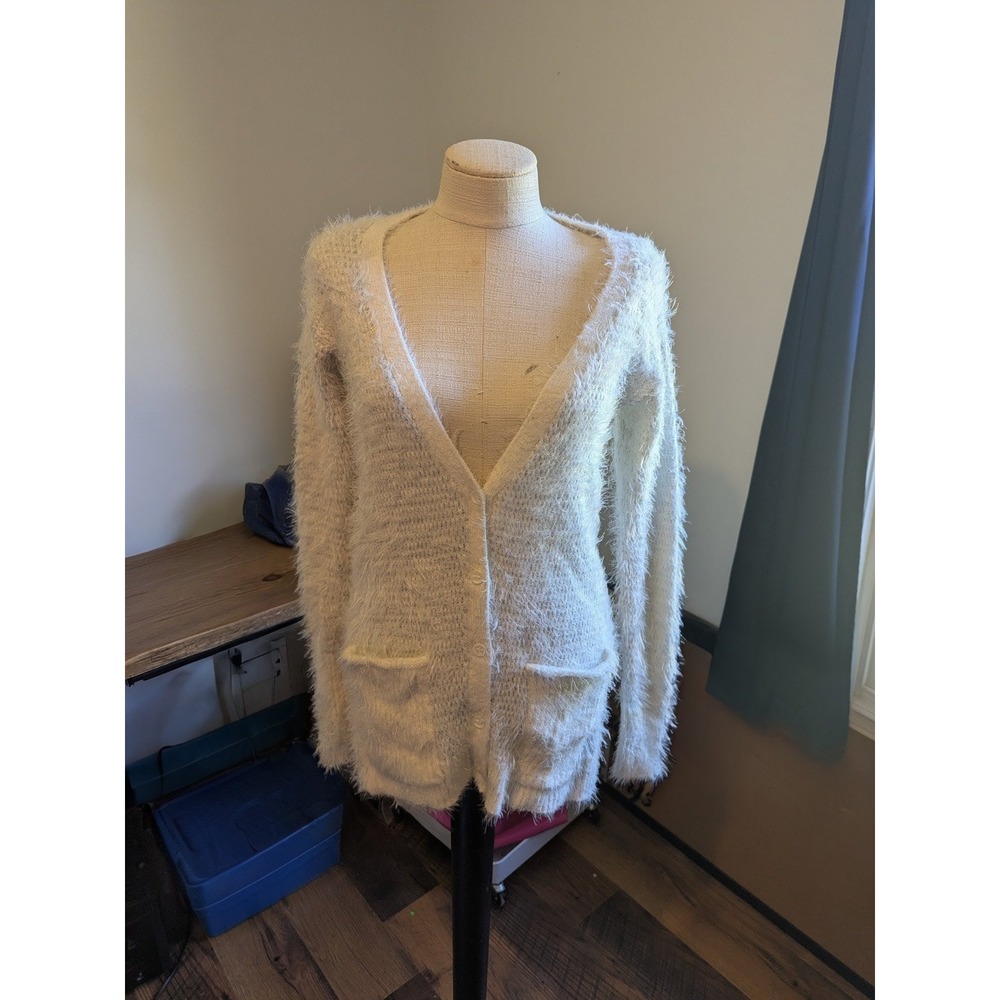 Aeropostale Cardigan Sweater Cream Fuzzy Metallic Threaded Women's Size Medium